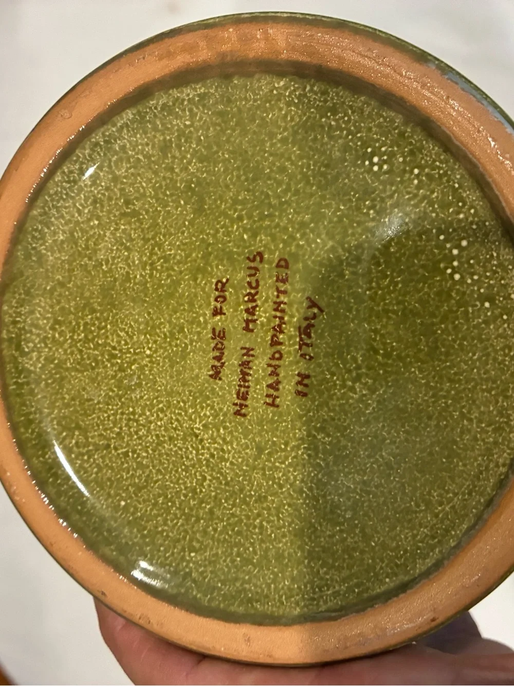 Neiman Marcus Olive Green Glazed Ceramic Vase Base w/Grappa on Front of Vessel